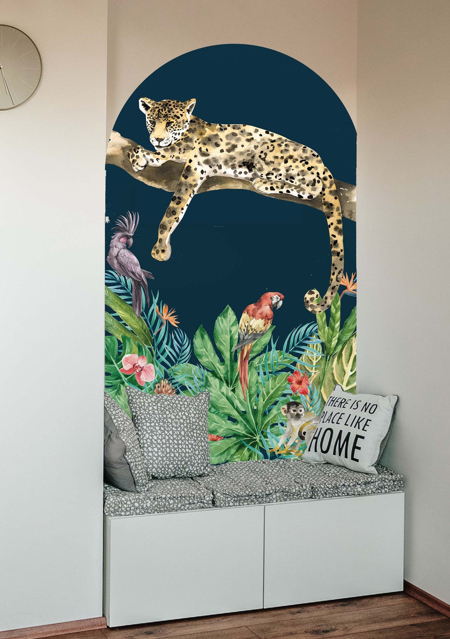 Boho Arch Cheetah Cat Wall Decal Tropical Flowers Stickers, LKL0070