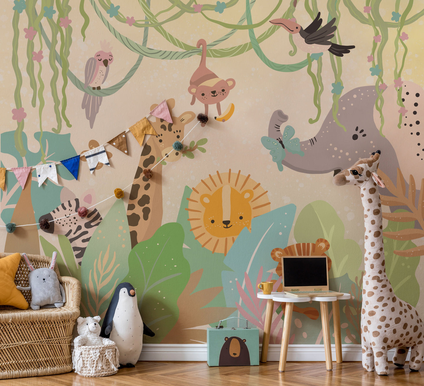 Safari Animals Peel and Stick Wallpaper Jungle Wall Paper Nursery, WL016