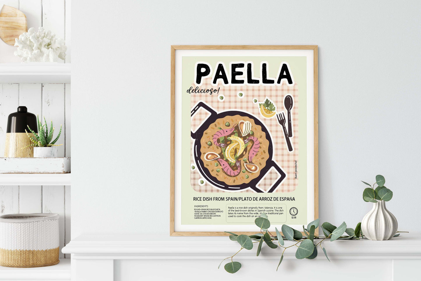 Paella Poster Retro Food Print Kitchen Wall Decor Spain Dish, LF345