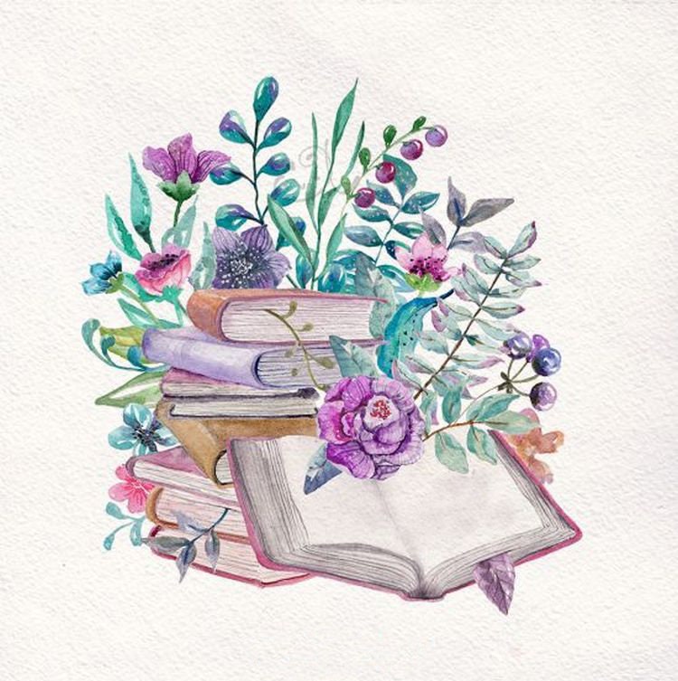 Watercolor Books Flowers Clipart Reading Instant Download PNG, LF364