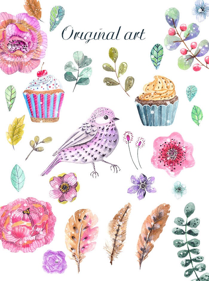 Watercolor Flowers Clipart Birds Cupcake PNG, LF365
