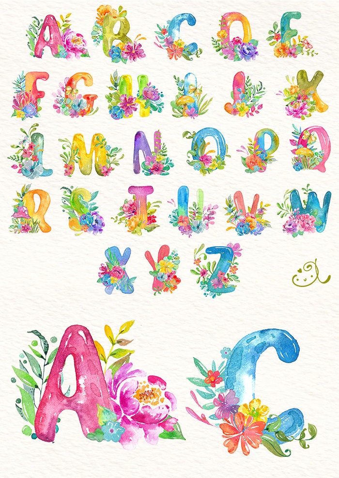 Watercolor Alphabet Clipart Flowers Letters Instant Download PNG ABC's Elementary School Preschool, LF366
