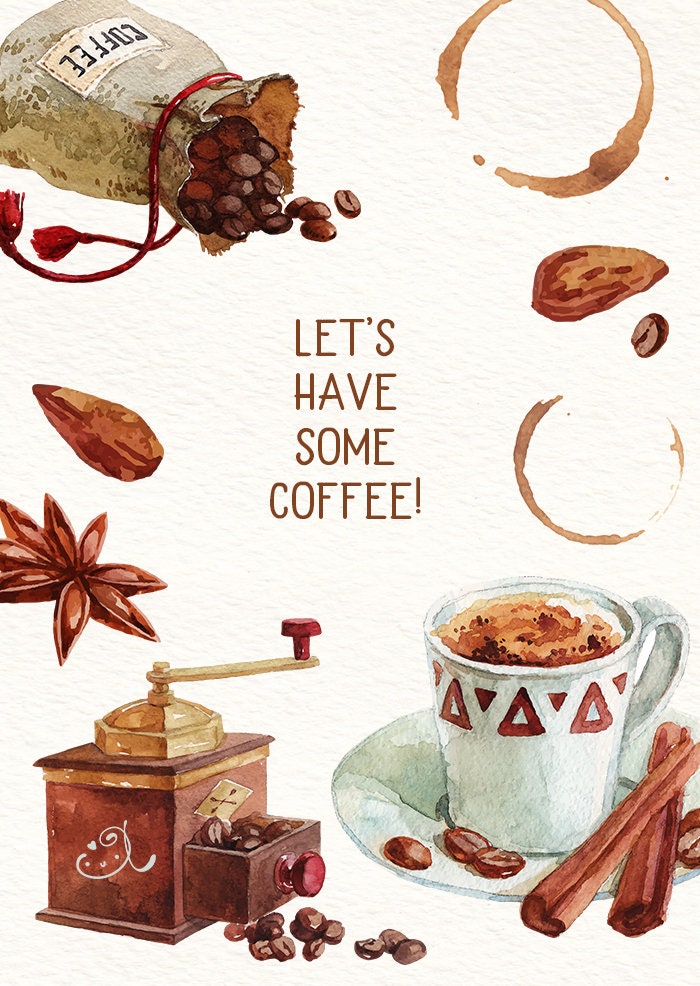 Coffee Watercolor Clipart Cup grinder cinnamon nuts, LF372