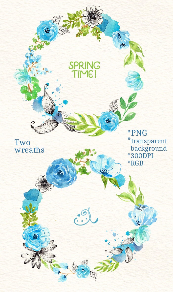Watercolor Blue Green Flowers Wreath Floral Clipart PNG, LF368