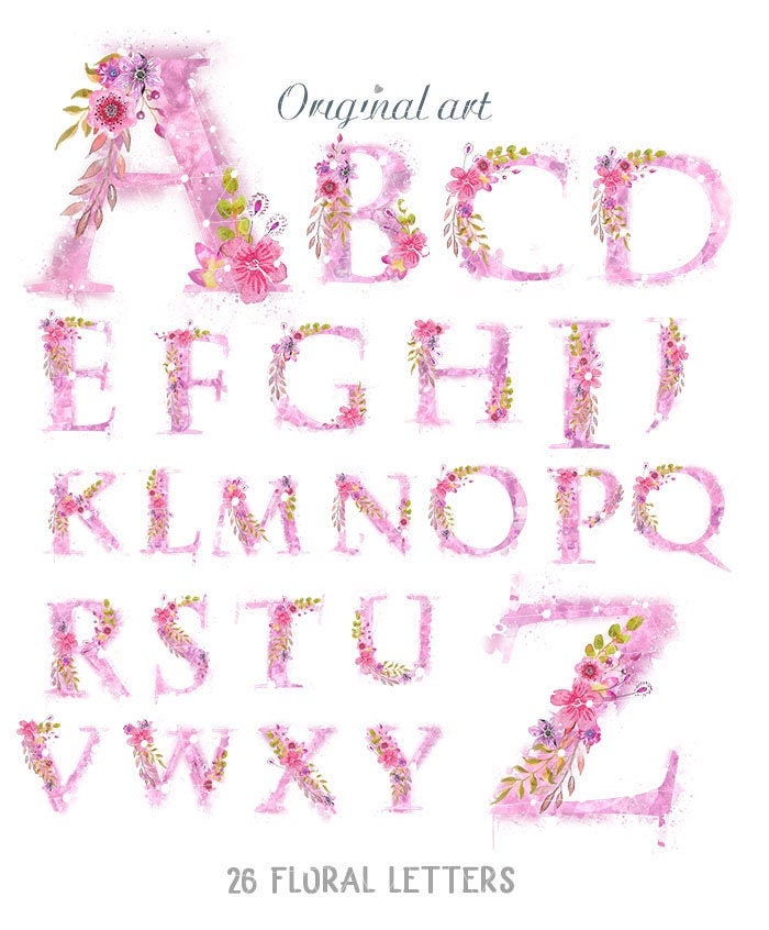 Watercolor Pink Alphabet Clipart Flowers Letters Instant Download PNG ABC's Elementary School Preschool, LF367