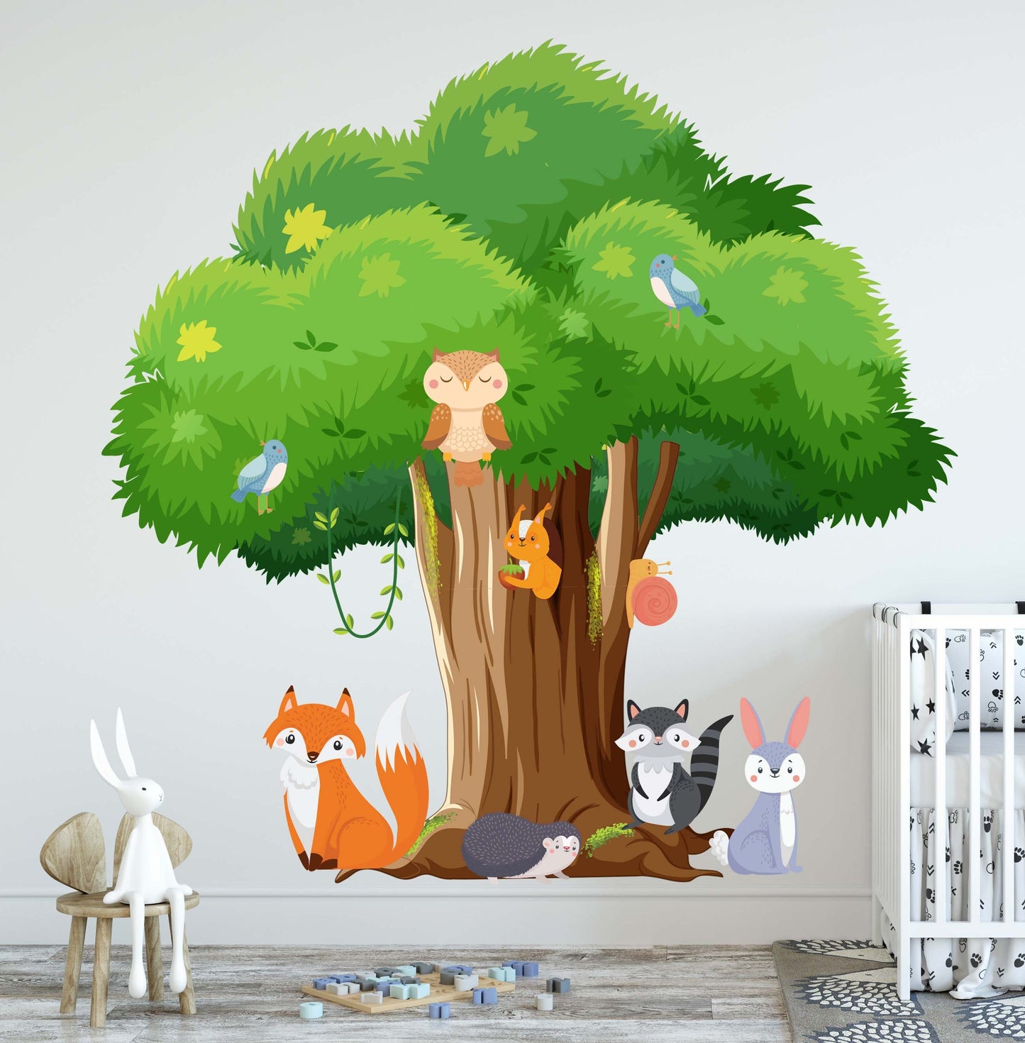Big Green Tree Sticker Forest Animals Wall Decals Fox Hare Hedgehog Nursery Decor, LF348