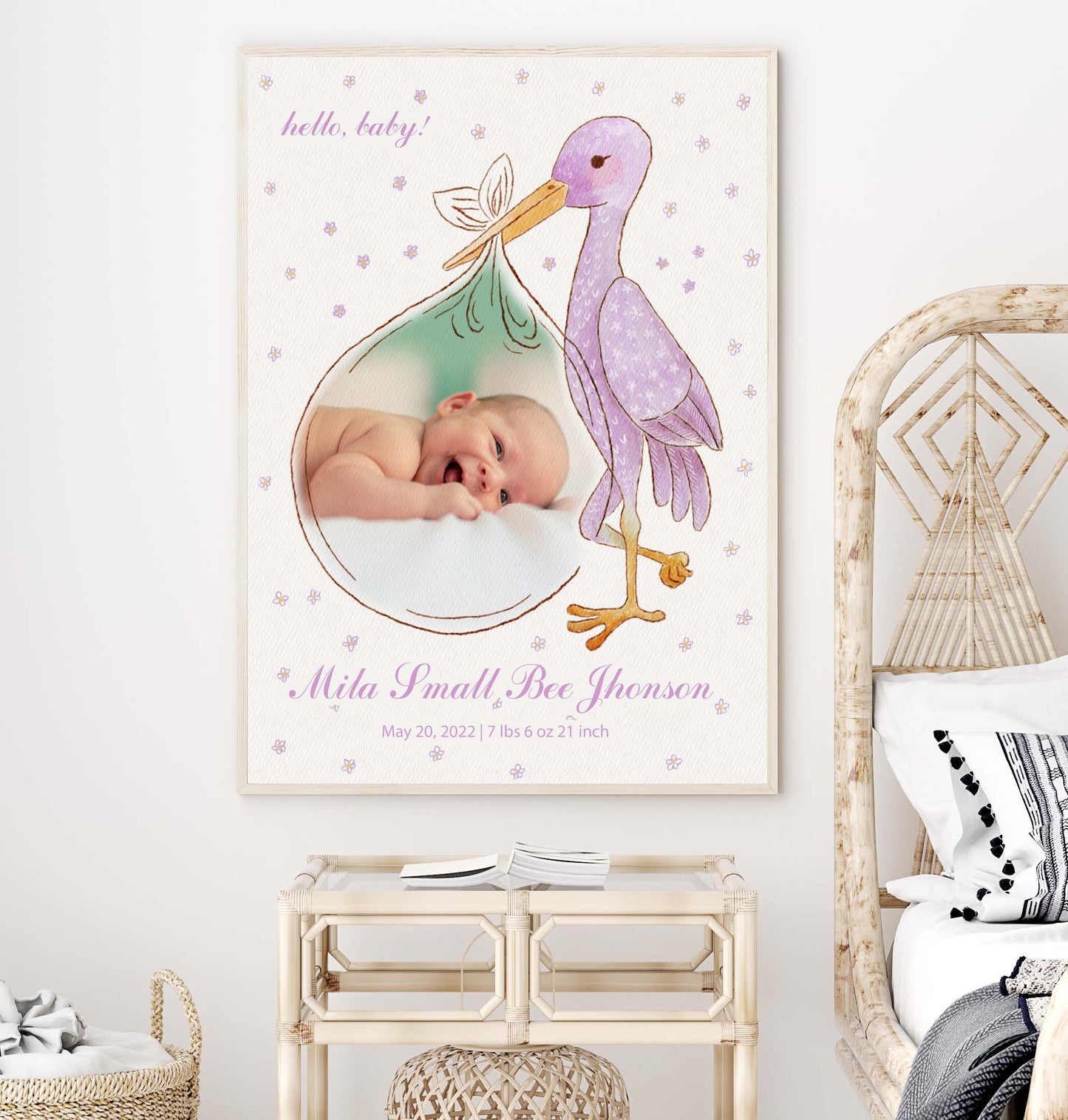 Custom baby name print Stork watercolor Poster personalized Gift Nursery Decor, LF349