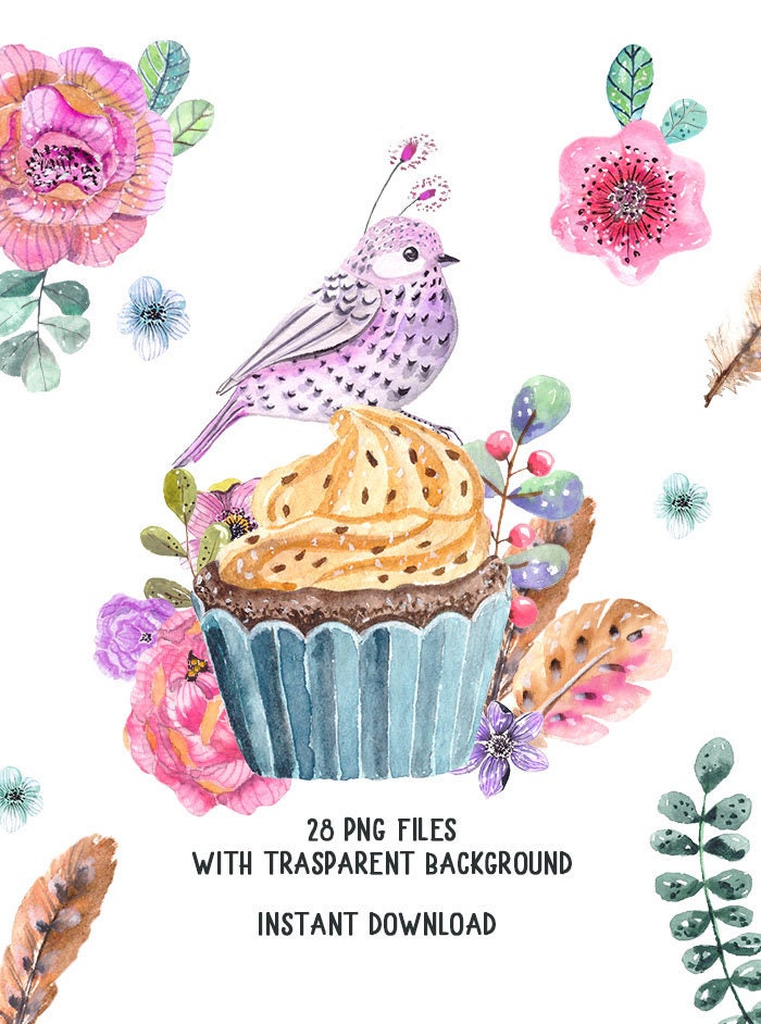 Watercolor Flowers Clipart Birds Cupcake PNG, LF365