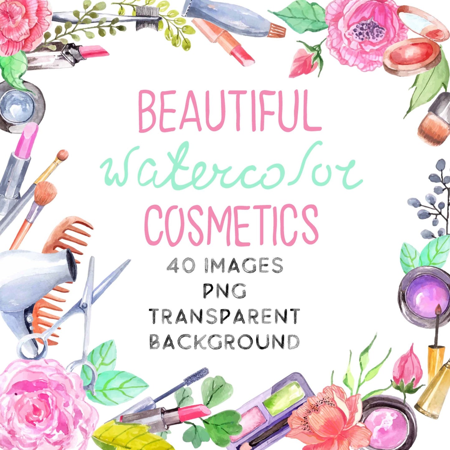 Cosmetic Watercolor Clipart PNG lipstick eye shadow mascara blush hair dryer scissors comb, LF373