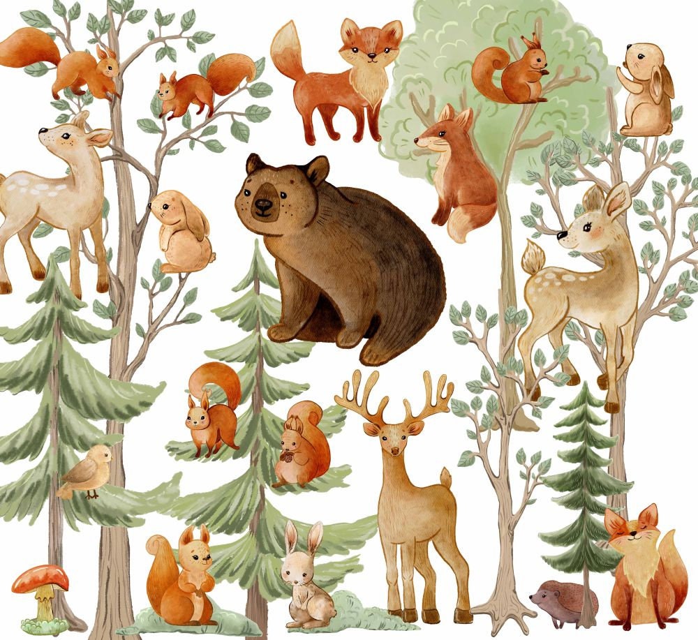 Forest Woodland animals and trees watercolor PNG clipart