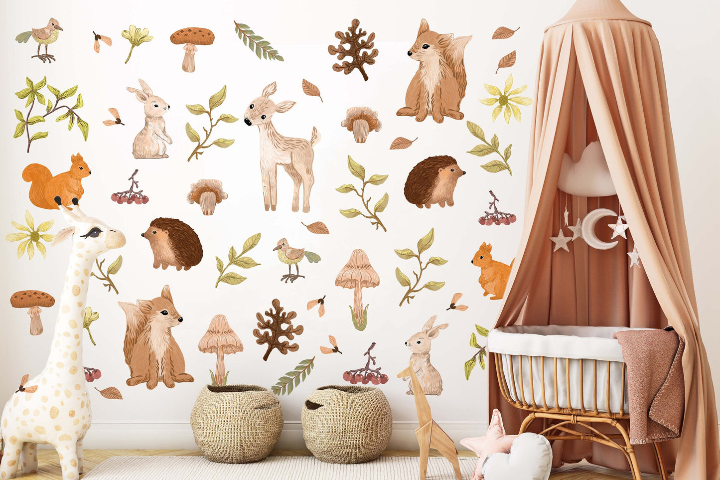 Forest Animals Nursery Wall Decal Watercolor Woodland Stickers Leaves Seeds, LF407