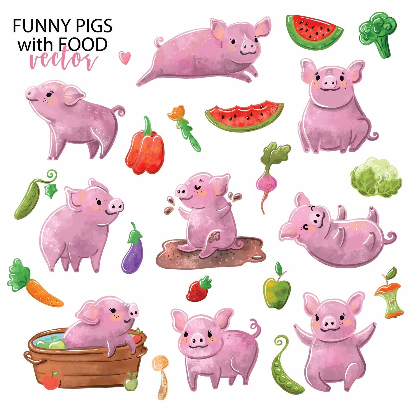 Pigs Vegetables Fruits PNG Vector Clipart 25 elements
