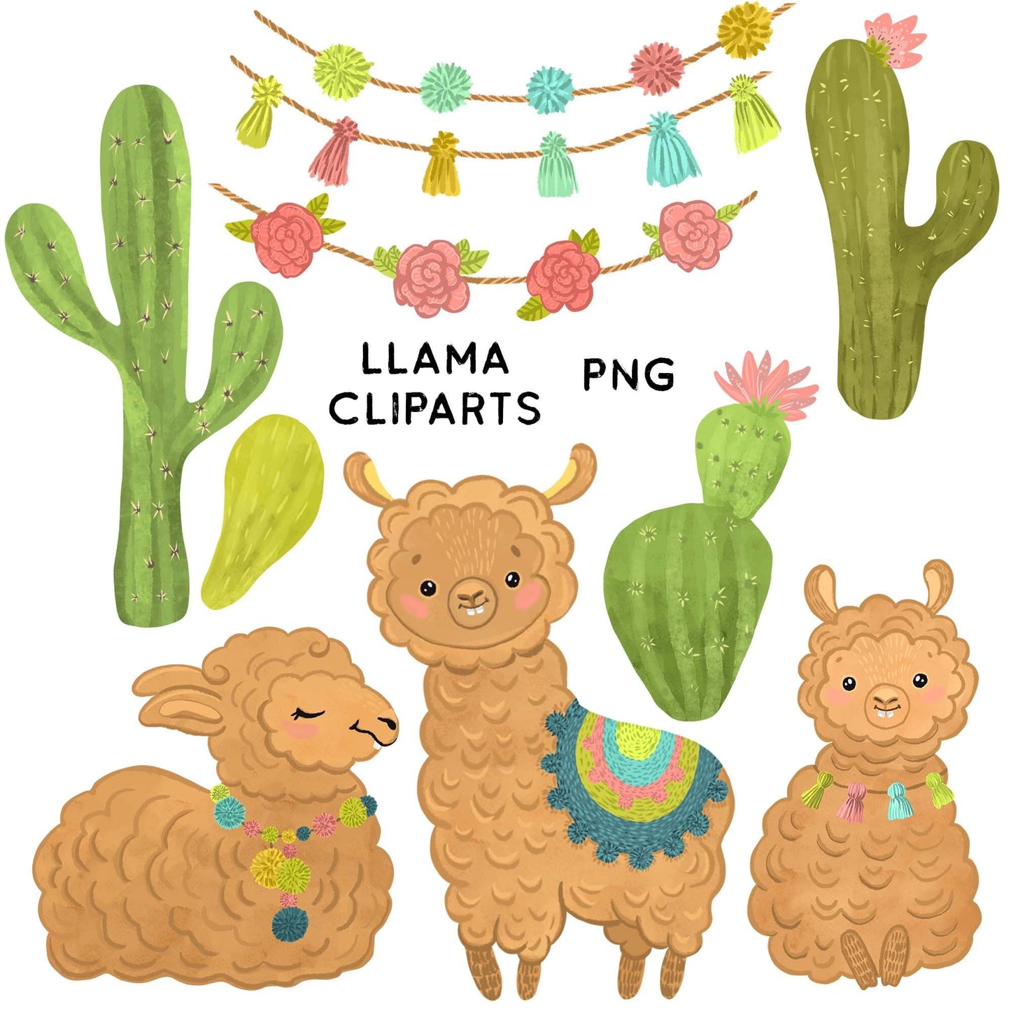 Llamas Clipart PNG Instant Download Alpacas Cacti Party Commercial Use
