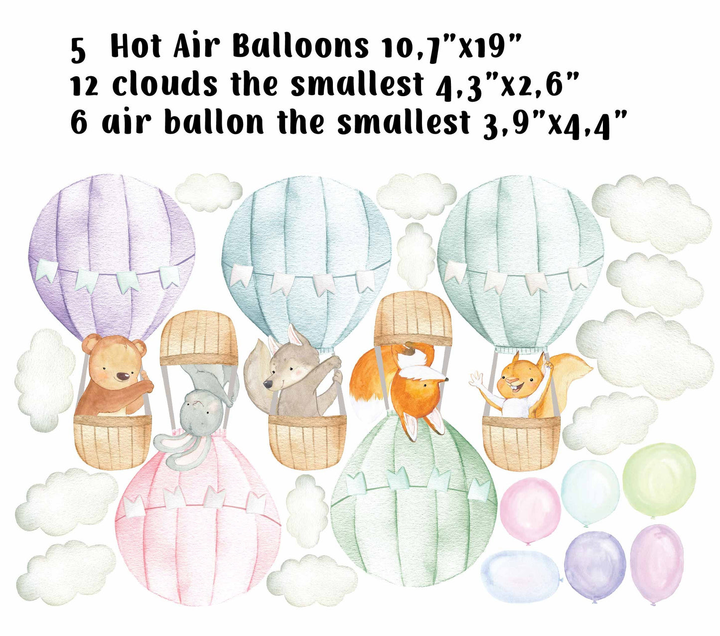 Forest Animals Hot Air Balloon Decals Woodland Clouds Nursery Stickers, LF415