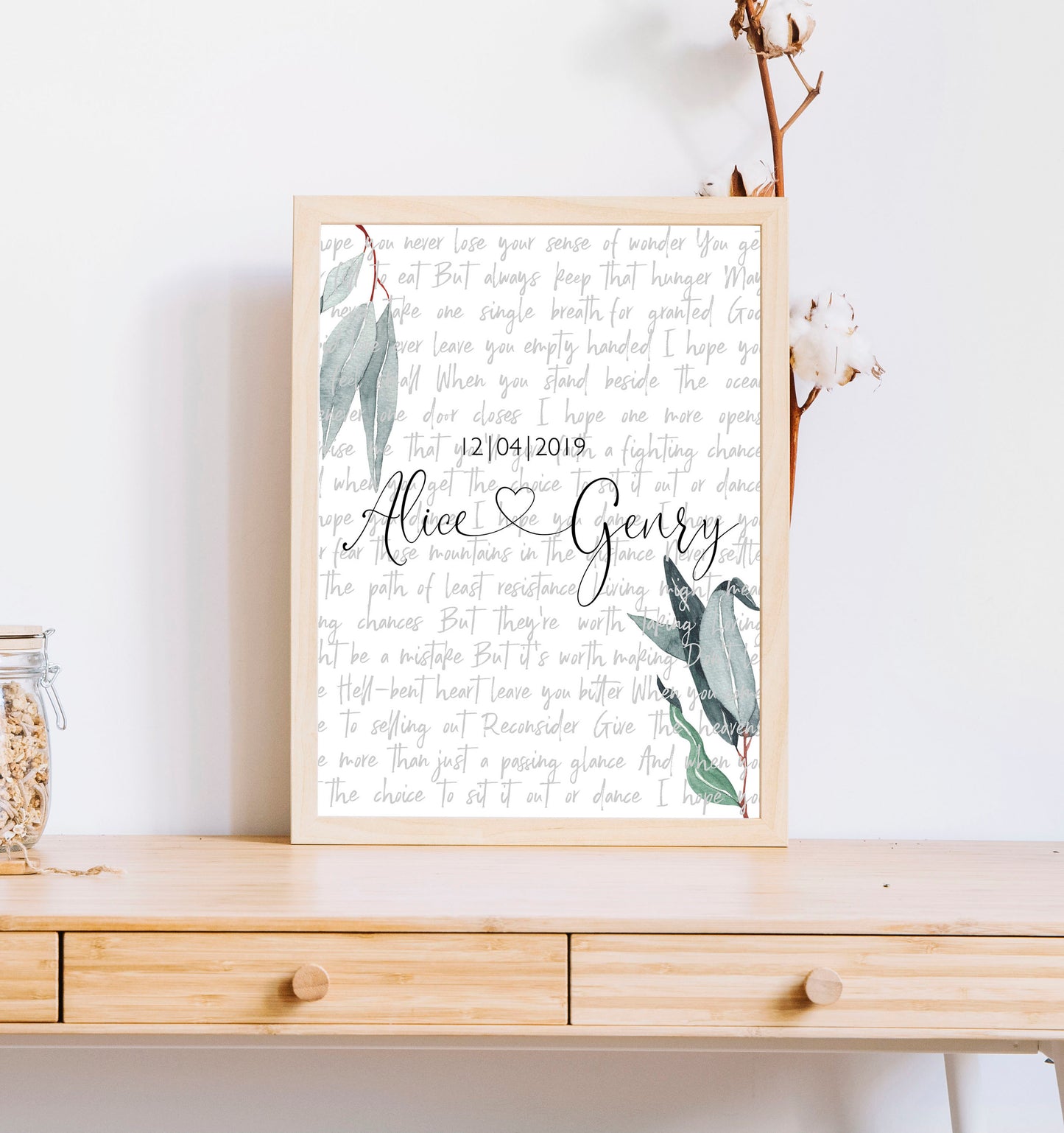 Print Gift Wedding Song Vows Lyrics Poster Anniversary  Personalized Custom Names with Green Leaves, LF423