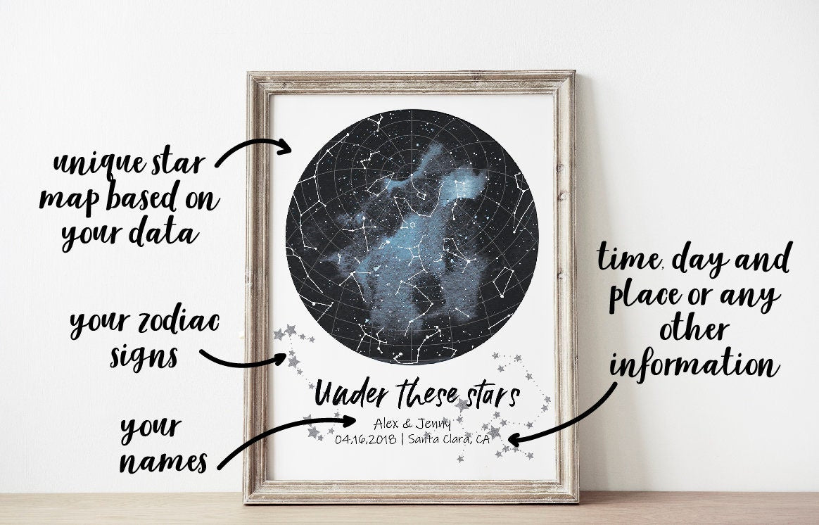 First Date Gift Star Map Print Custom Sky Constellations Name Poster Valentine's Day Anniversary, LF433