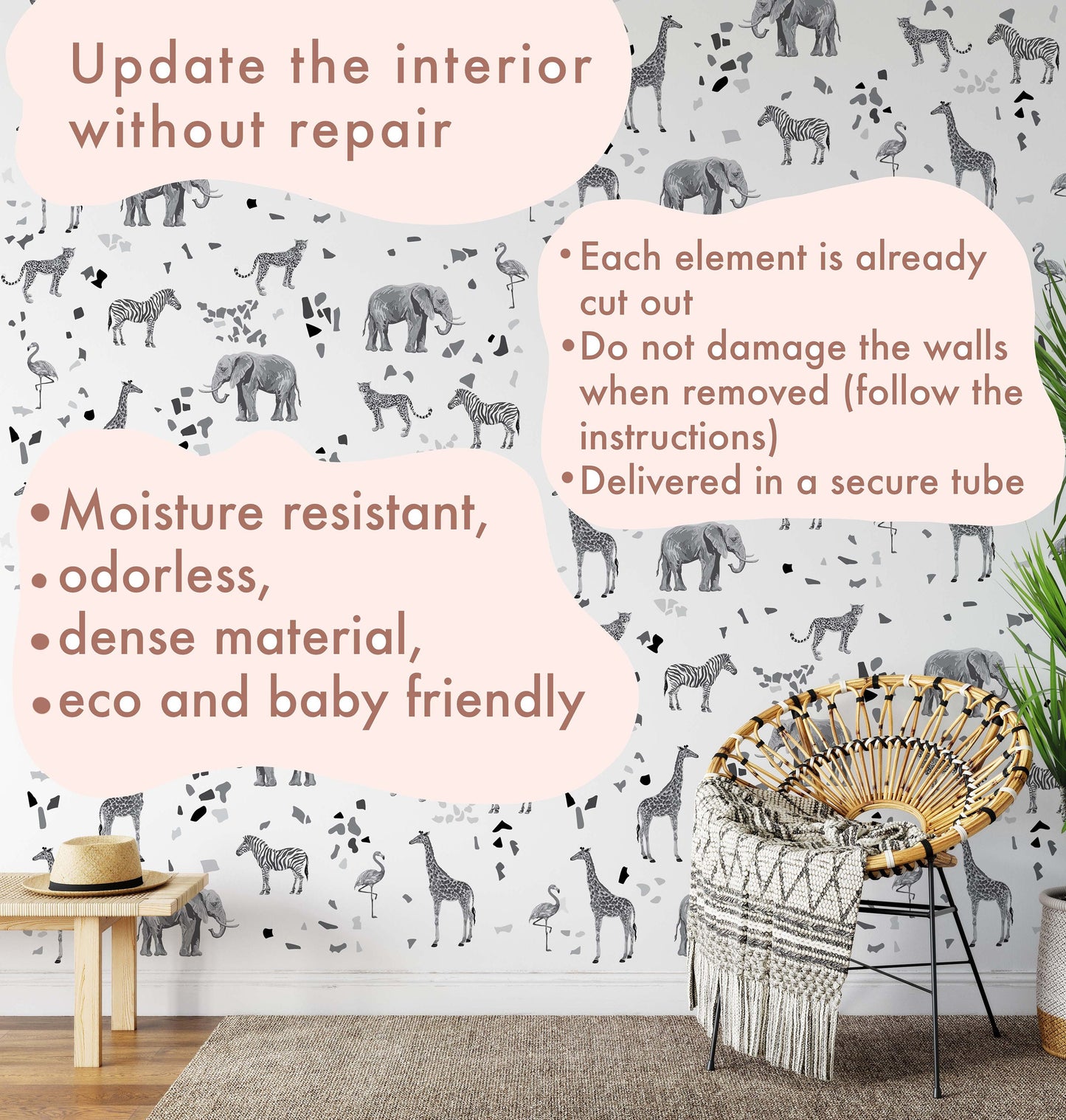 Safari Animals Stickers Terrazzo Wall Decals Gray Color Jungle Decor, LF436