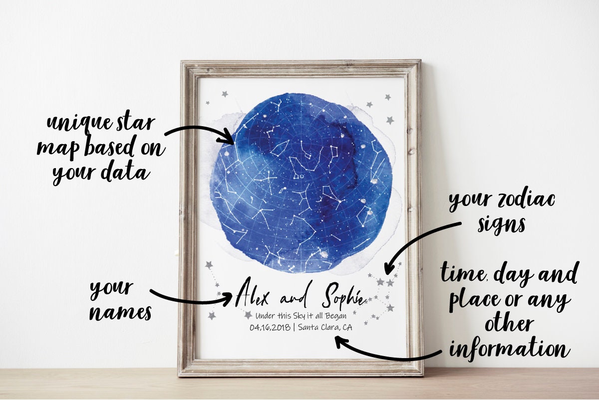 Custom Star Map Blue Print  Sky Name Poster Valentine's Day Gift Anniversary First Date, LF435