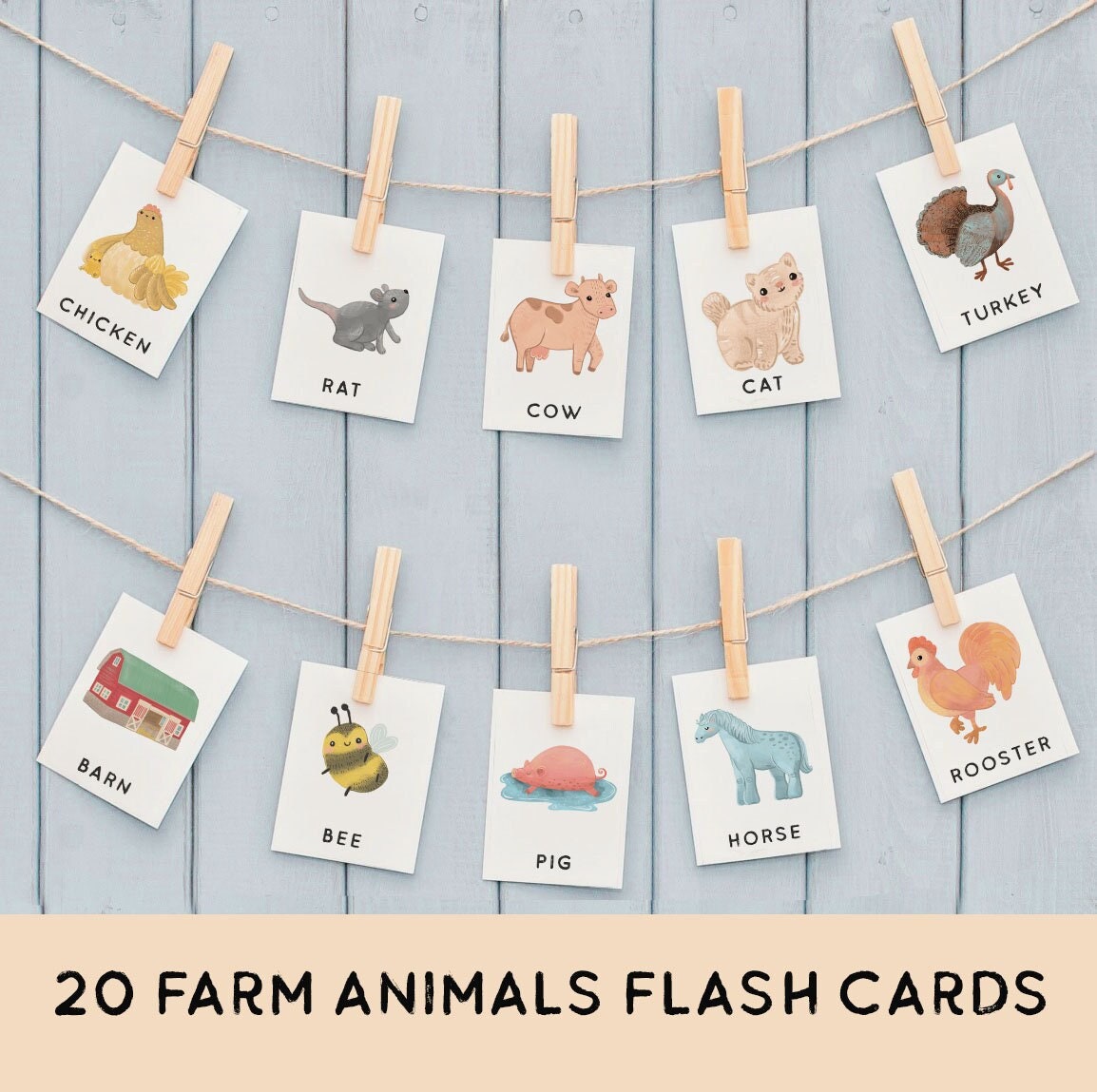 Farm Animals Flash Cards 20 Montessori Memory Game Toddler Pre-School Educational Homeschool Printable Cow Sheep Horse