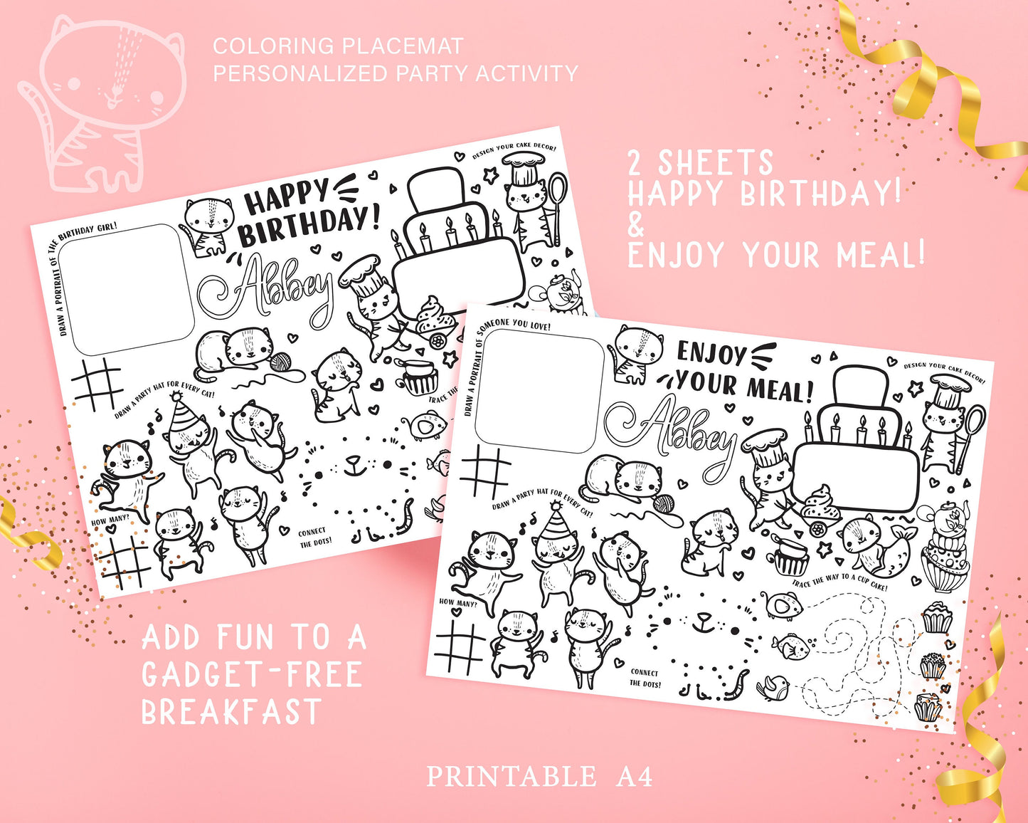Cat Coloring Placemat Birthday Personalized Activity Breakfast Mat Digital Printable Custom Name