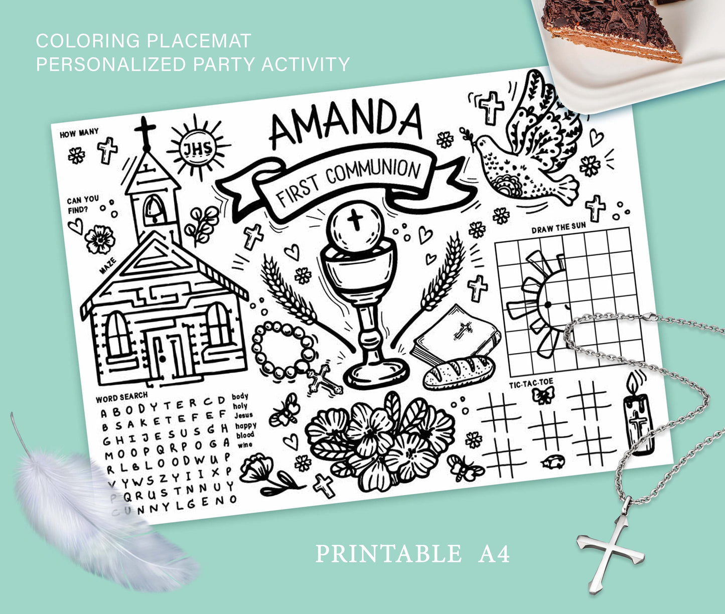 First Communion Coloring Placemat Custom Name Kids Activity Mat Digital Printable