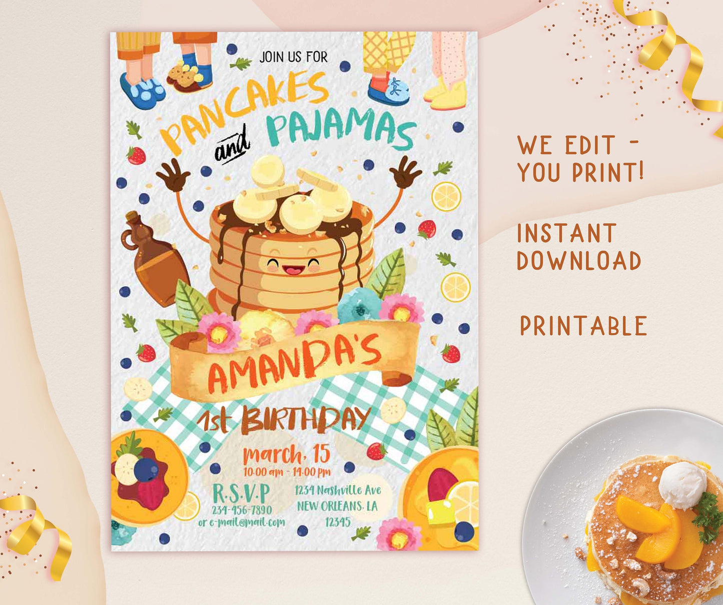 Birthday Bridal Shower Pancakes and Pajamas Invitation Printable Children PJ Party decor