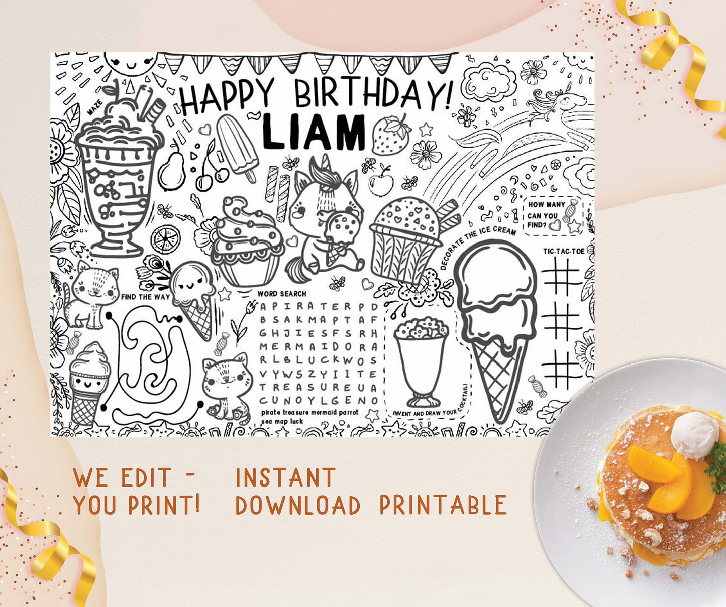 Ice Cream Unicorn Coloring Placemat Birthday Custom Decor Name Kids Activity Sheet Mat Digital Printable