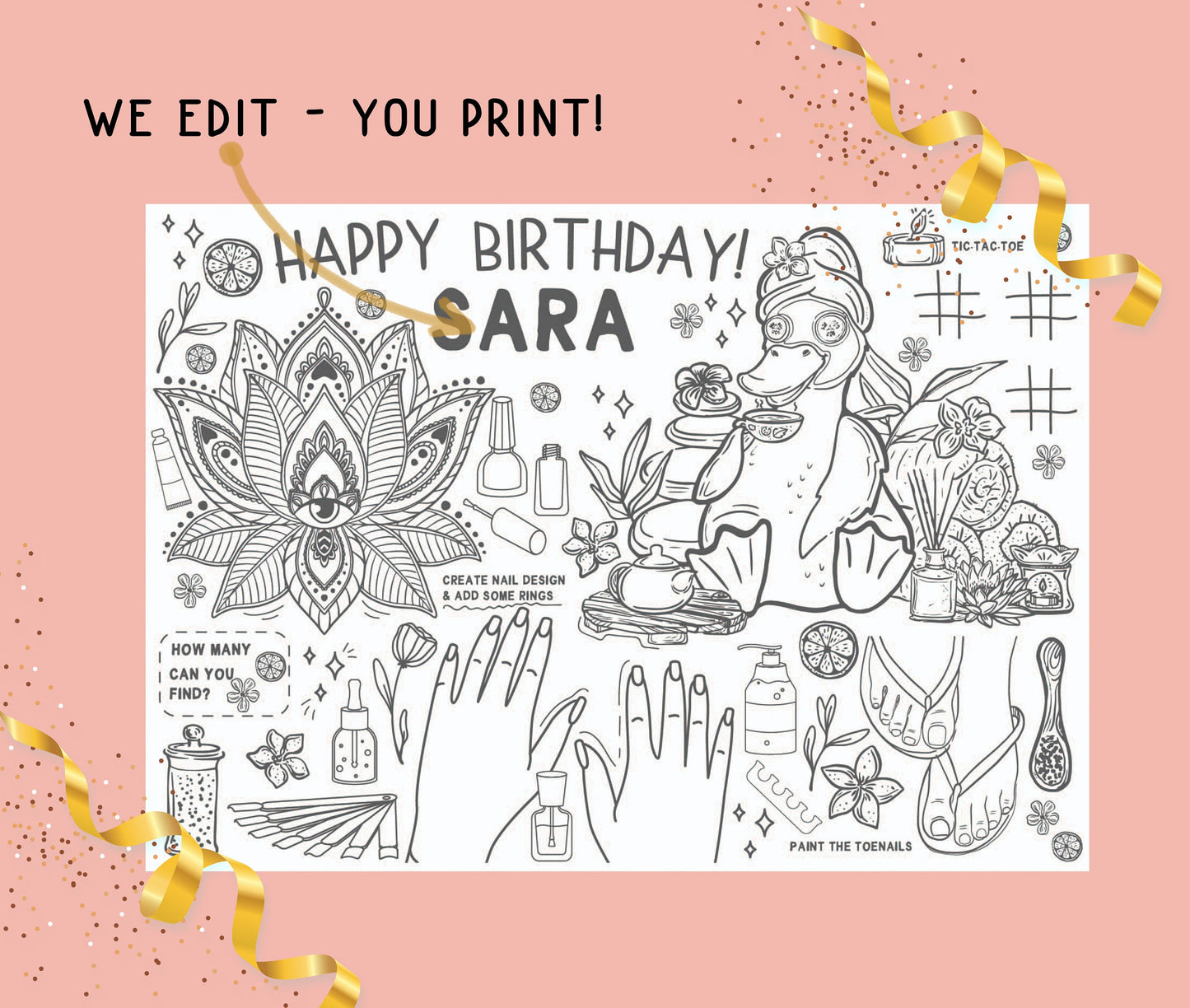 Spa Party Coloring Placemat Birthday Personalized Party Activity Printable Custom Mat Pamper