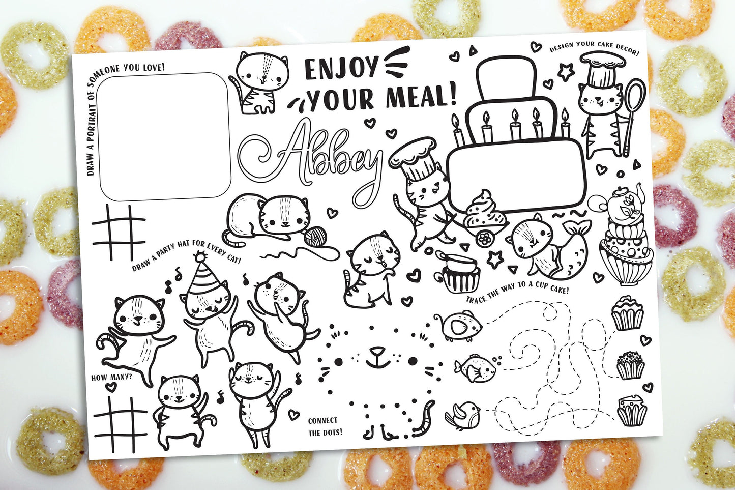 Cat Coloring Placemat Birthday Personalized Activity Breakfast Mat Digital Printable Custom Name