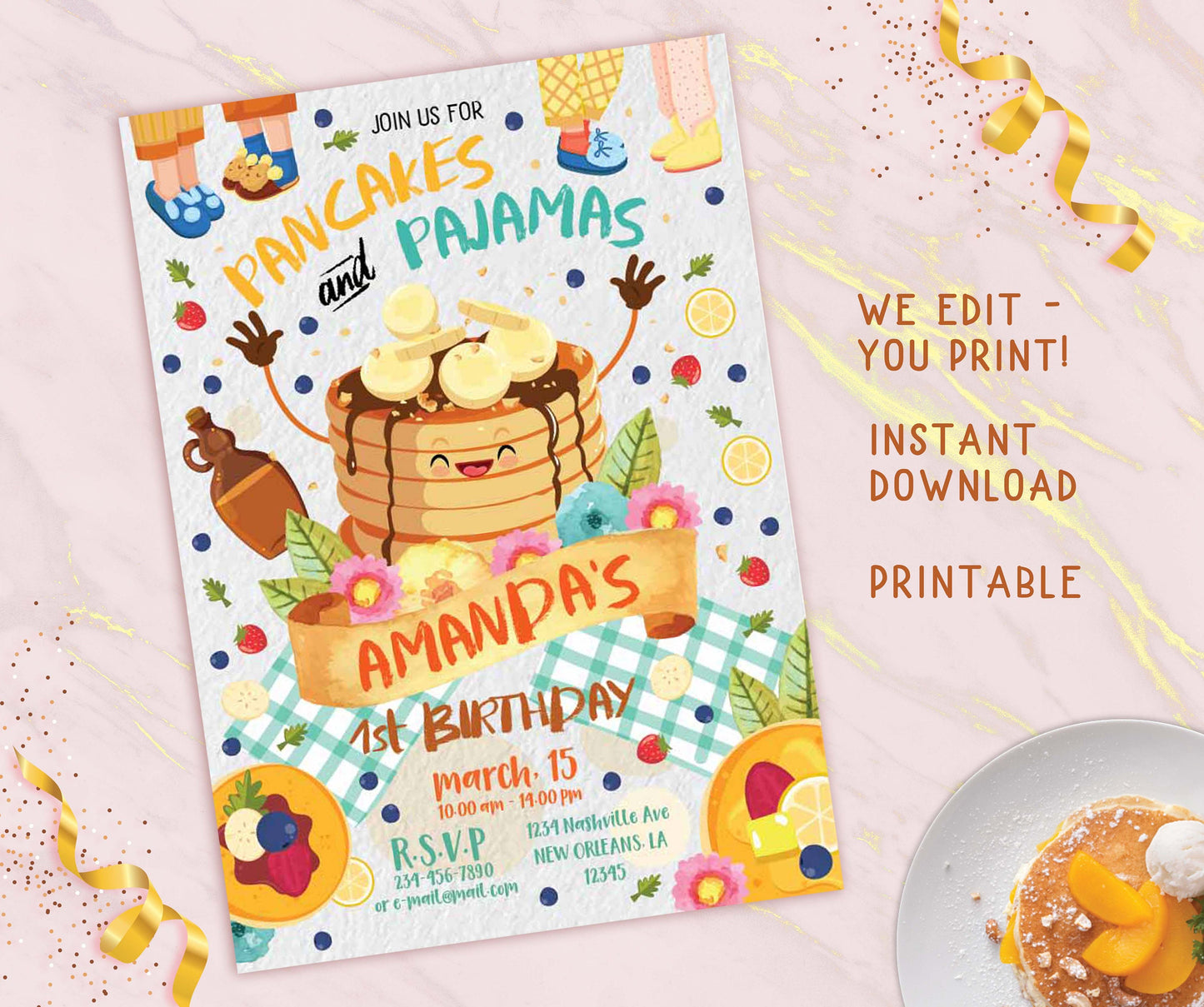 Birthday Bridal Shower Pancakes and Pajamas Invitation Printable Children PJ Party decor