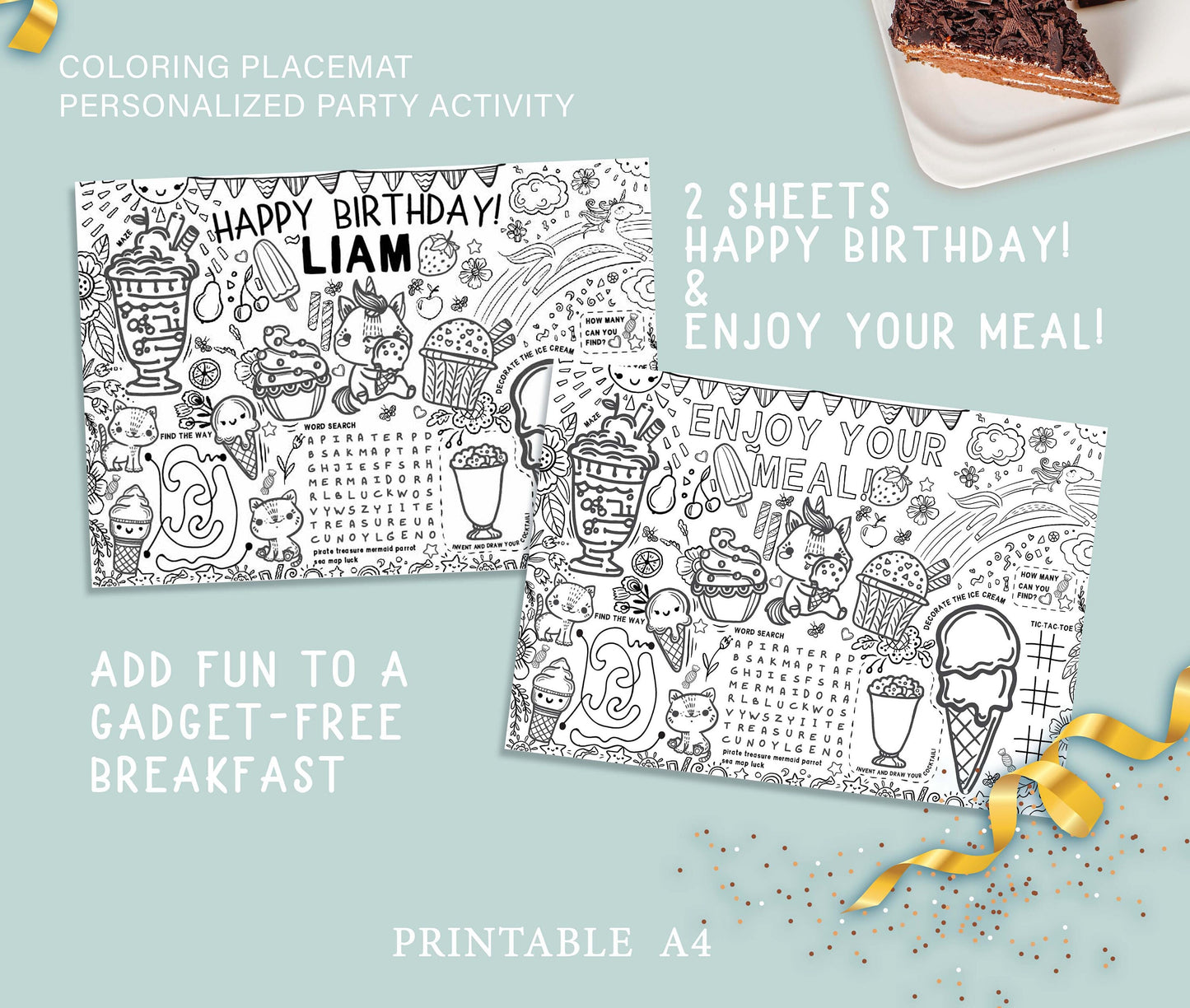 Ice Cream Unicorn Coloring Placemat Birthday Custom Decor Name Kids Activity Sheet Mat Digital Printable