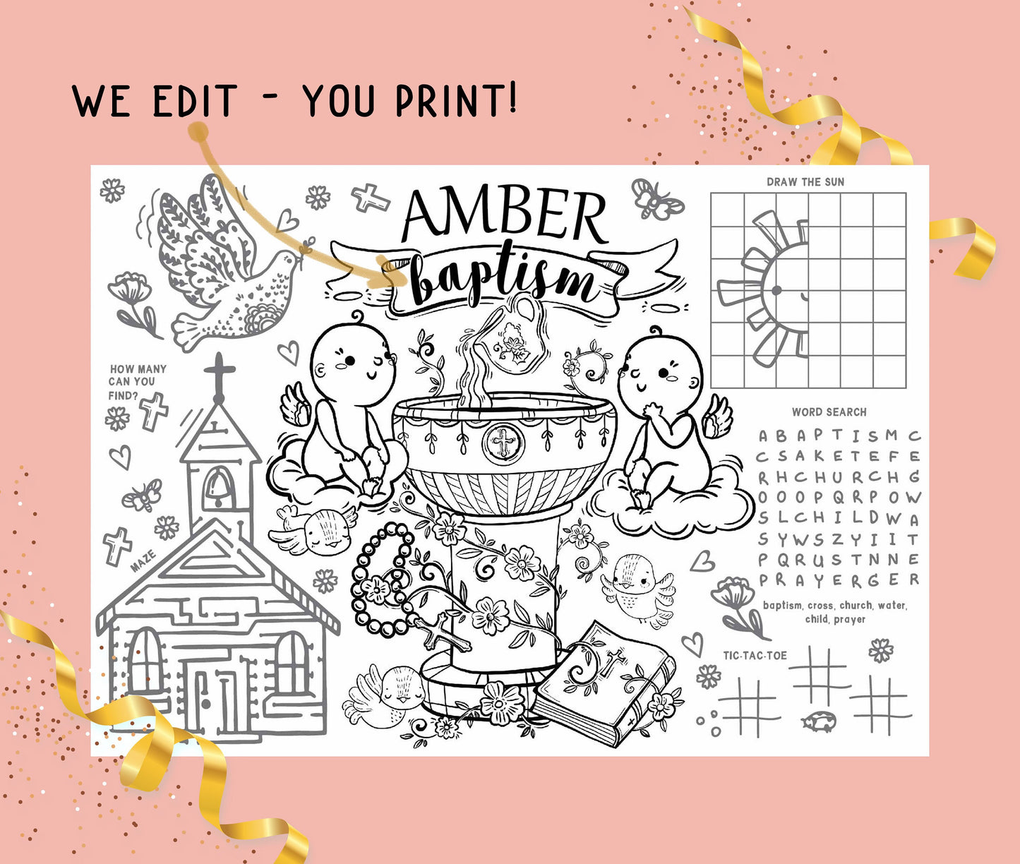 Baptism Coloring Activity Placemat Christening Toddler Game Custom Name